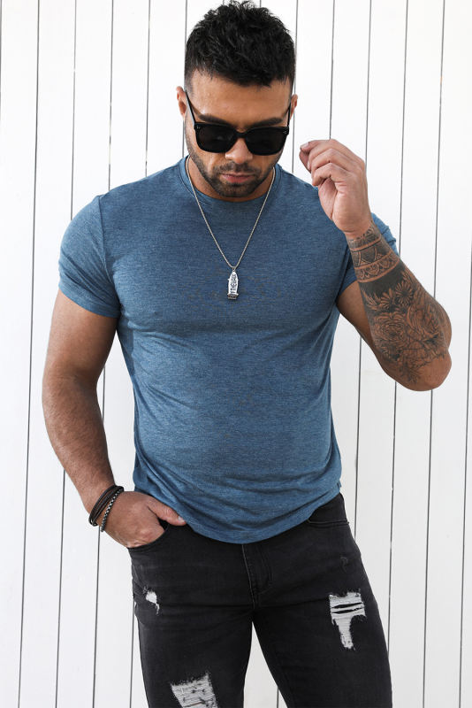 Blue Solid Basic Crewneck Short Sleeve Men\'s T-shirt MC252852-5