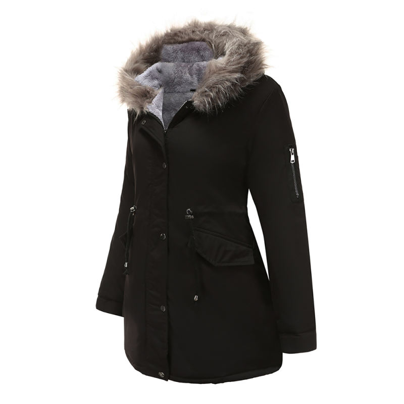 Black Fur Collar Drawstring Waist Warm Hooded Parka Coat TQK280130-2A