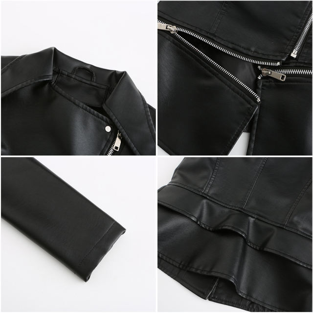 Black Removable Hem Leather PU Leather Jacket TQK280125-2