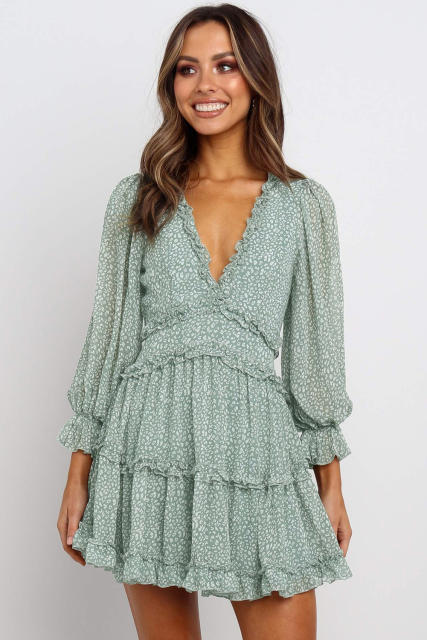 Green Ruffle Detailing Open Back Floral Dress LC220829-9