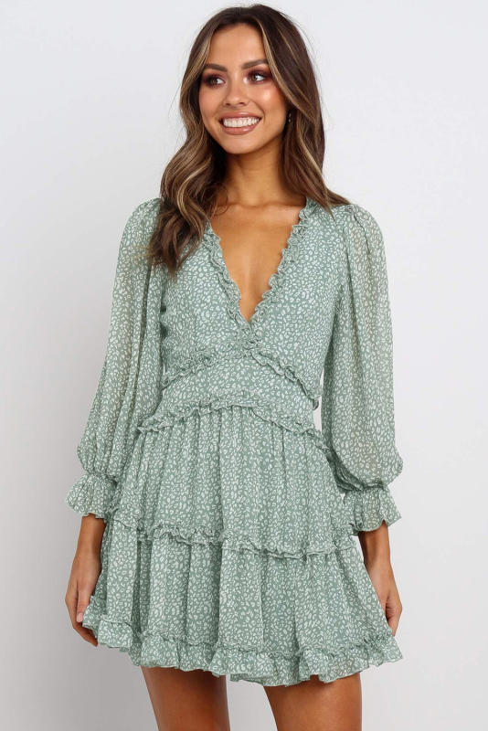 Green Ruffle Detailing Open Back Floral Dress LC220829-9