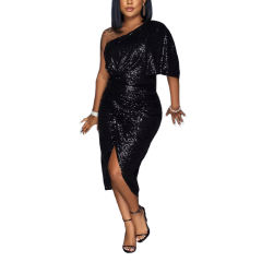 Black One Shoulder Sequin Split Evening Dress TQK310820-2