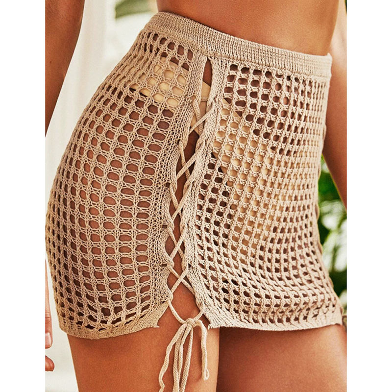 Khaki Hollow-out Side Drawstring Beachwear Mini Skirt TQV360075-21