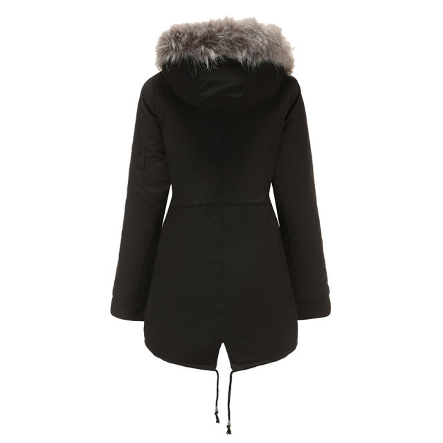 Black Fur Collar Drawstring Waist Warm Hooded Parka Coat TQK280130-2A