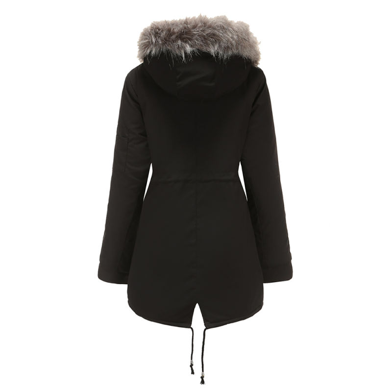 Black Fur Collar Drawstring Waist Warm Hooded Parka Coat TQK280130-2A