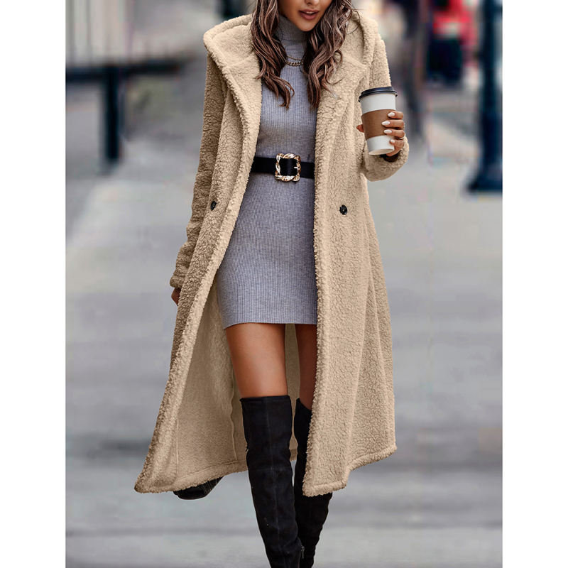 Apricot Open Front Long Sleeve Hooded Fleece Coat TQK280217-18