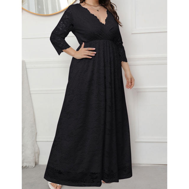 Black V-Neck Lace Plus Size Dress TQK310997-2