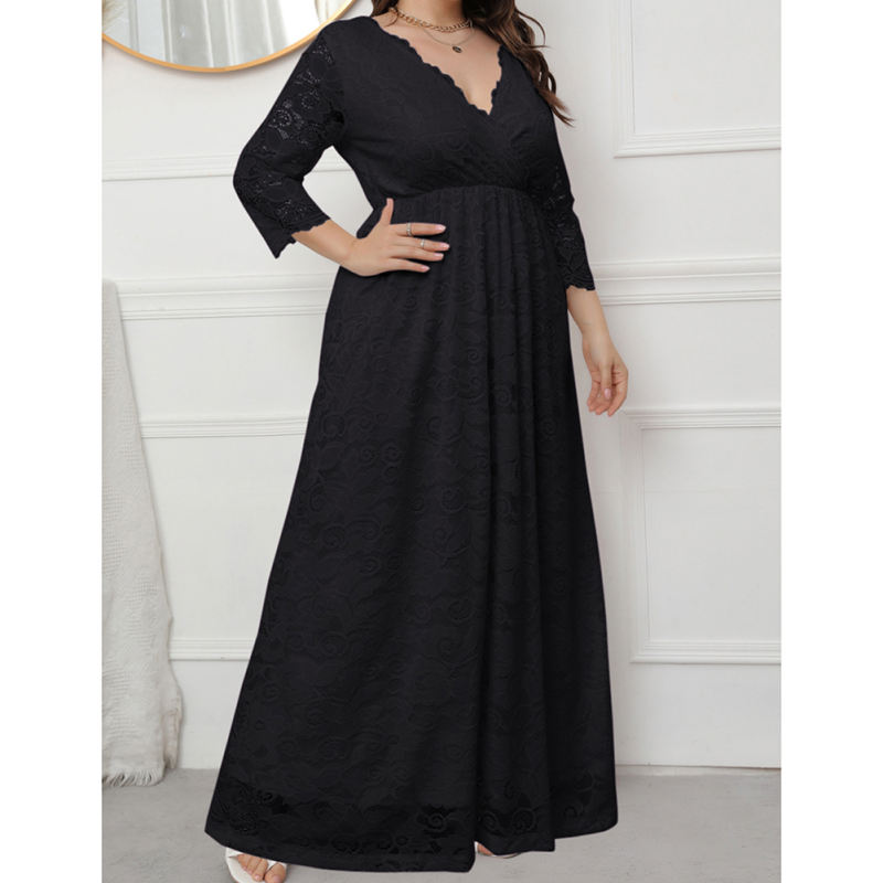 Black V-Neck Lace Plus Size Dress TQK310997-2