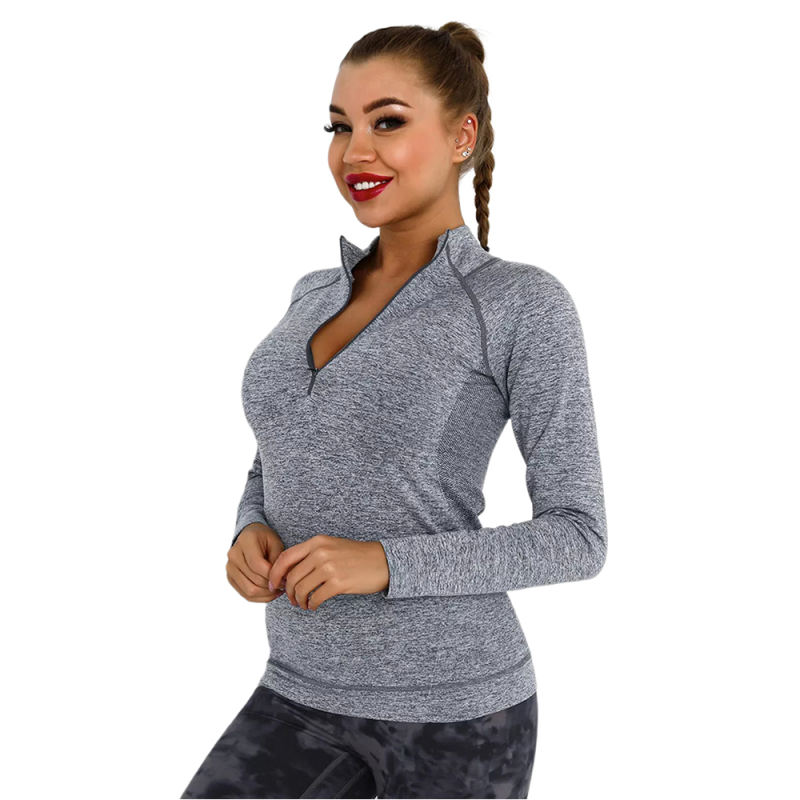 Dark Gray Quick Dry Zipper Knit Tight Yoga Tops TQE91363-23