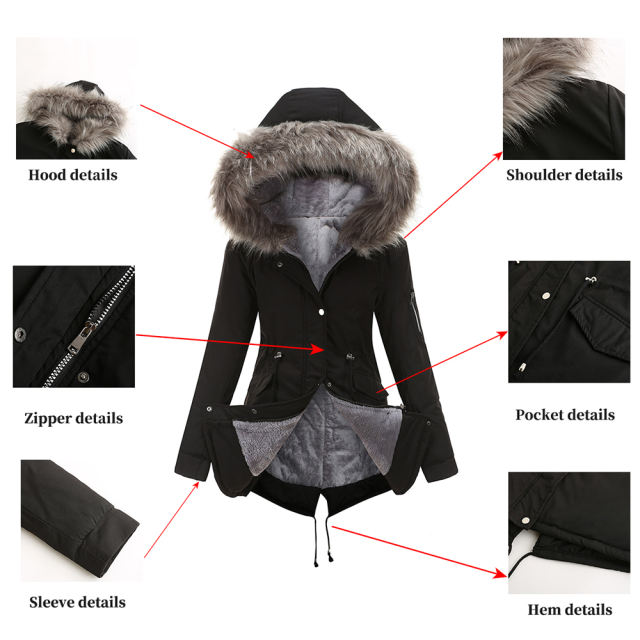 Black Fur Collar Drawstring Waist Warm Hooded Parka Coat TQK280130-2A