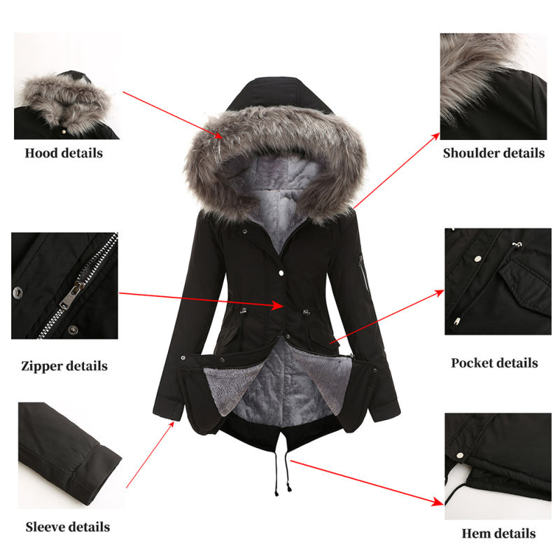 Black Fur Collar Drawstring Waist Warm Hooded Parka Coat TQK280130-2A
