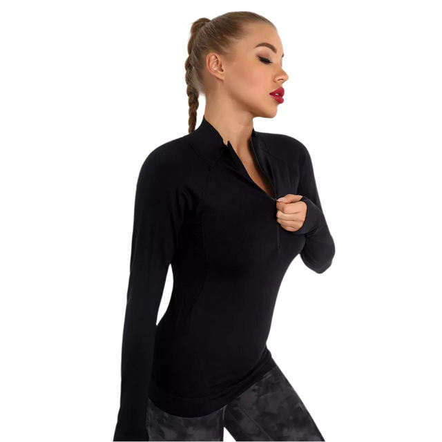 Black Quick Dry Zipper Knit Tight Yoga Tops TQE91363-2
