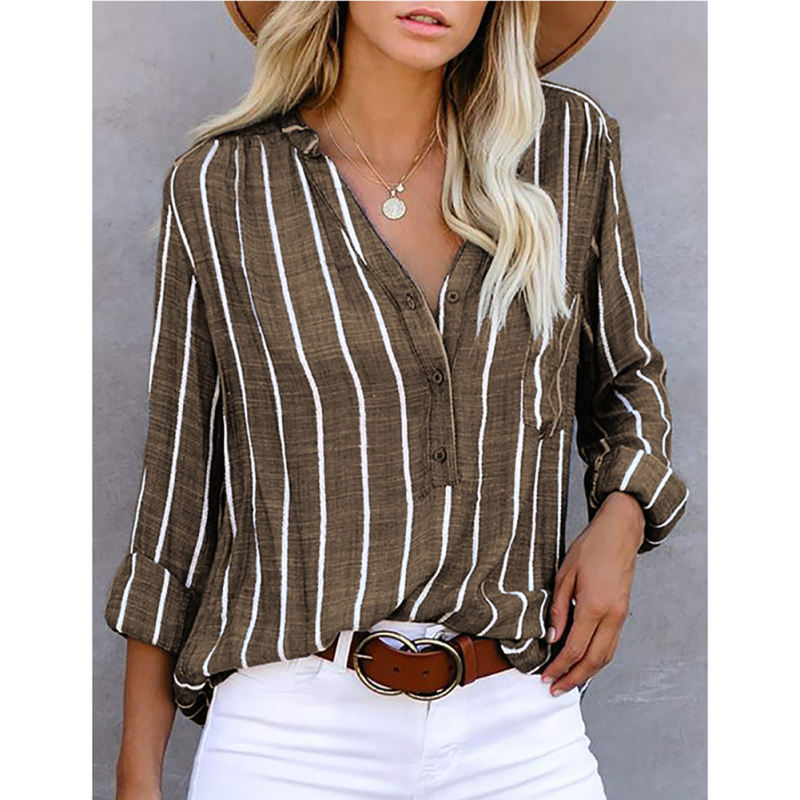 Khaki Button Down Striped Shirt with Pocket TQV220037-21