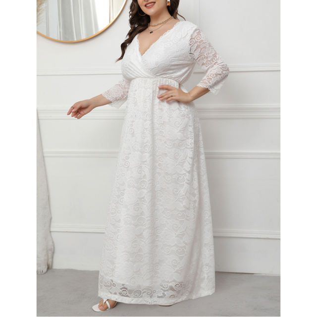 White V Neck Lace Plus Size Evening Dress TQV310004-1