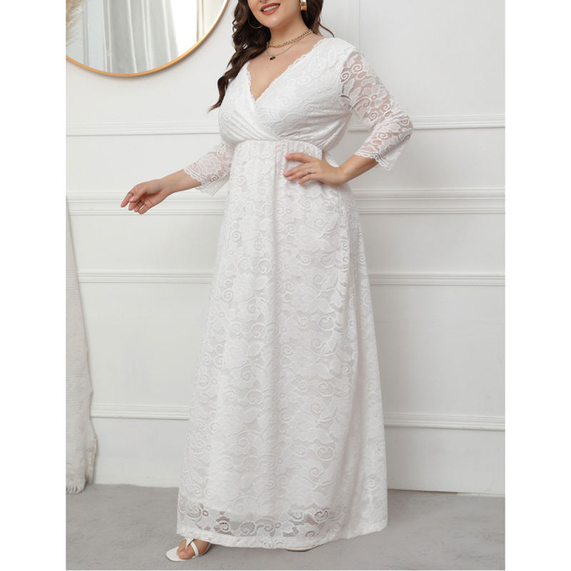 White V Neck Lace Plus Size Evening Dress TQV310004-1