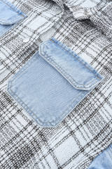 Sky Blue Plaid Patchwork Fringed Flap Pockets Denim Jacket LC854131-4