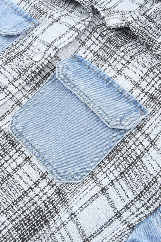 Sky Blue Plaid Patchwork Fringed Flap Pockets Denim Jacket LC854131-4