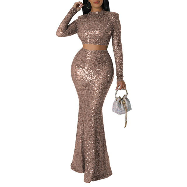 Champagne Sequined Crop Top with Fishtail Skirt Set TQV810034-53