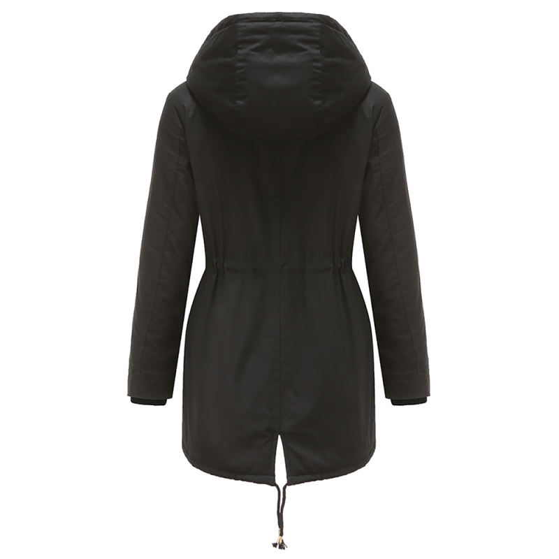 Black Waist Drawstring Plush Hooded Thick Parka Coat TQK280127-2