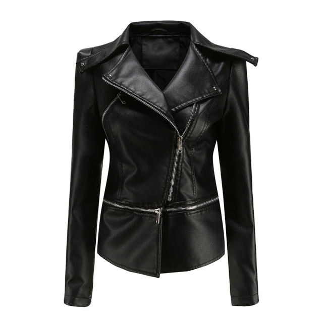 Black Removable Hem Leather PU Leather Jacket TQK280125-2