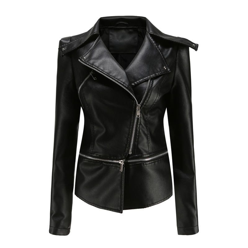 Black Removable Hem Leather PU Leather Jacket TQK280125-2