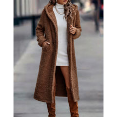 Coffee Open Front Long Sleeve Hooded Fleece Coat TQK280217-15