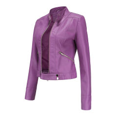 Purple PU Stand Collar Short Leather Jacket TQK280124-8