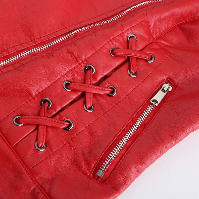 Red Zipper &amp; Bandage PU Leather Jacket TQK280142-3
