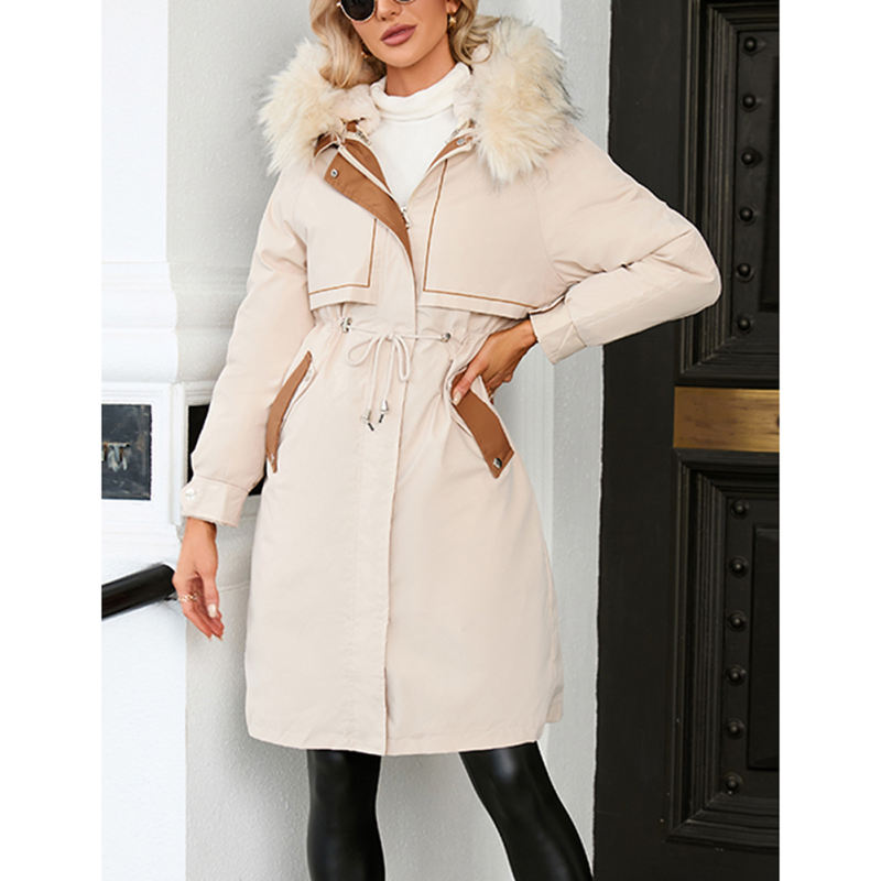 Apricot Zipper Plush Collar Parker Thick Coat 2pcs Set  TQK280219-18