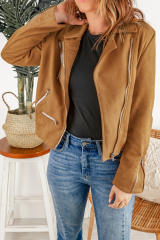 Brown Zipped Notch Collar Short Jacket LC85294-17