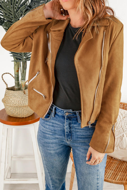Brown Zipped Notch Collar Short Jacket LC85294-17