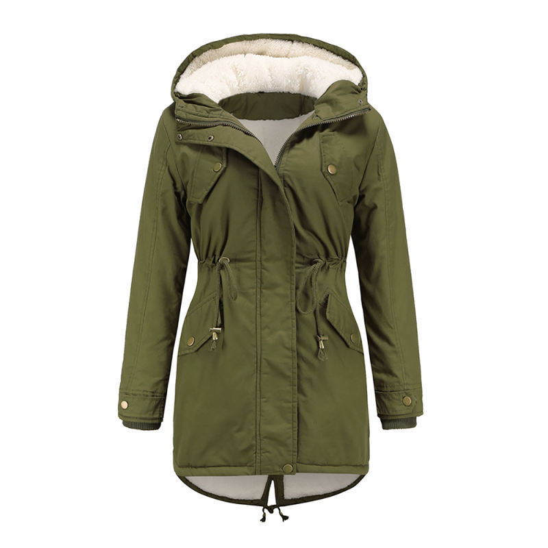 Army Green Waist Drawstring Plush Hooded Thick Parka Coat TQK280127-27