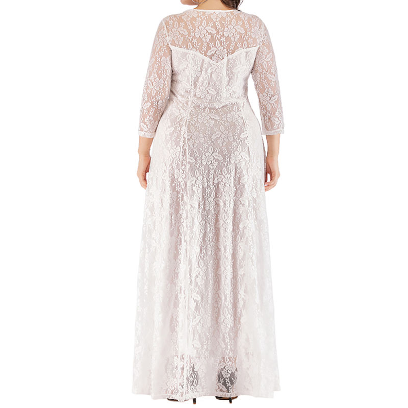 White 3/4 Sleeve Crew Neck Lace Plus Size Dress TQK310977-1