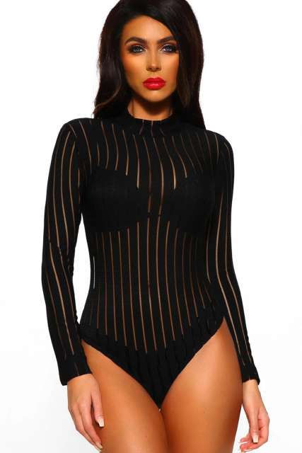 Black High Neck Long Sleeve Bodysuit LC32495-2