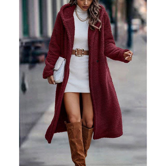 Burgundy Open Front Long Sleeve Hooded Fleece Coat TQK280217-23