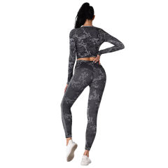 Gray Camo Knit Seamless Long Sleeve Pant Yoga Set TQE91362-11