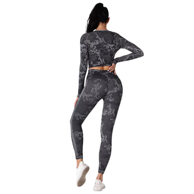 Gray Camo Knit Seamless Long Sleeve Pant Yoga Set TQE91362-11