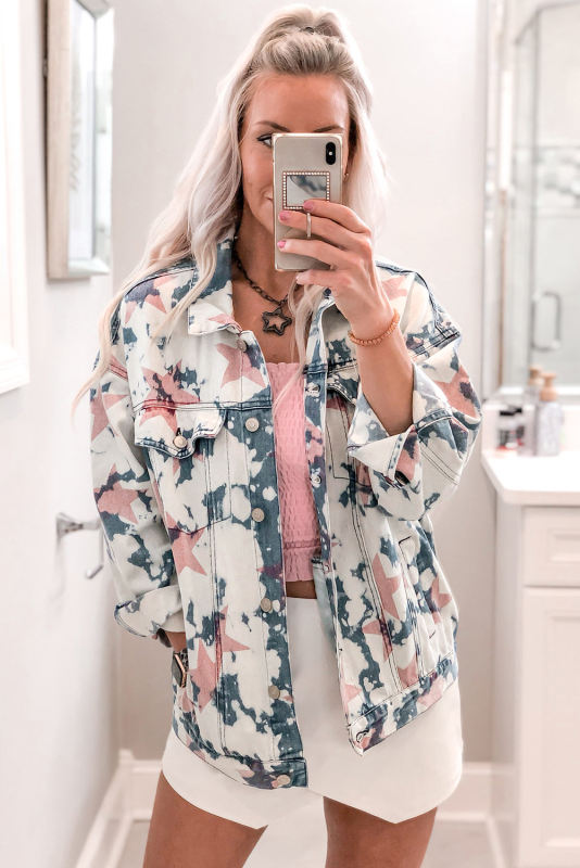 White Stars Tie Dye Print Buttoned Denim Jacket LC788208-1