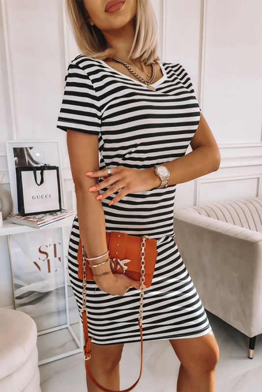 Striped Short Sleeve Midi T Shirt Dress LC619827-19