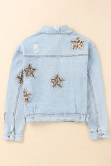 Sky Blue Leopard Star Distressed Cropped Denim Jacket LC788175-4