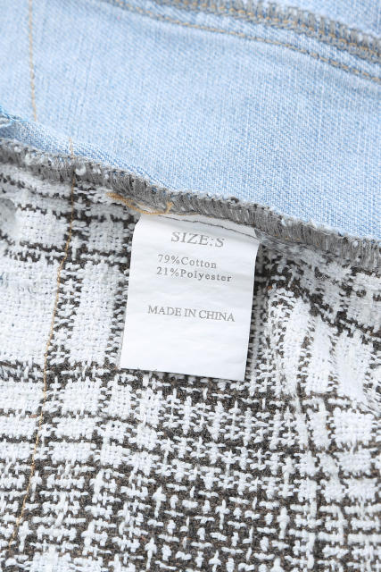 Sky Blue Plaid Patchwork Fringed Flap Pockets Denim Jacket LC854131-4