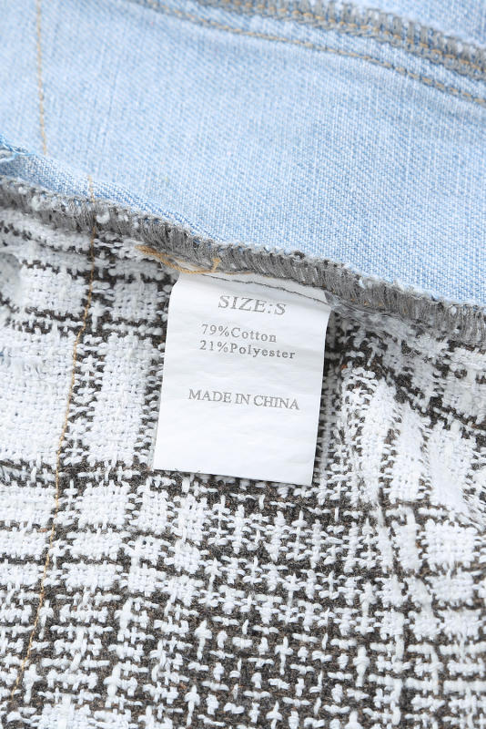 Sky Blue Plaid Patchwork Fringed Flap Pockets Denim Jacket LC854131-4