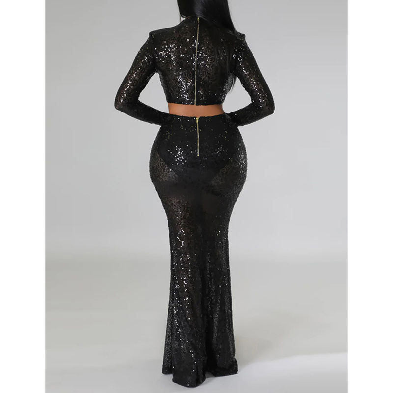 Black Sequined Crop Top with Fishtail Skirt Set TQV810034-2