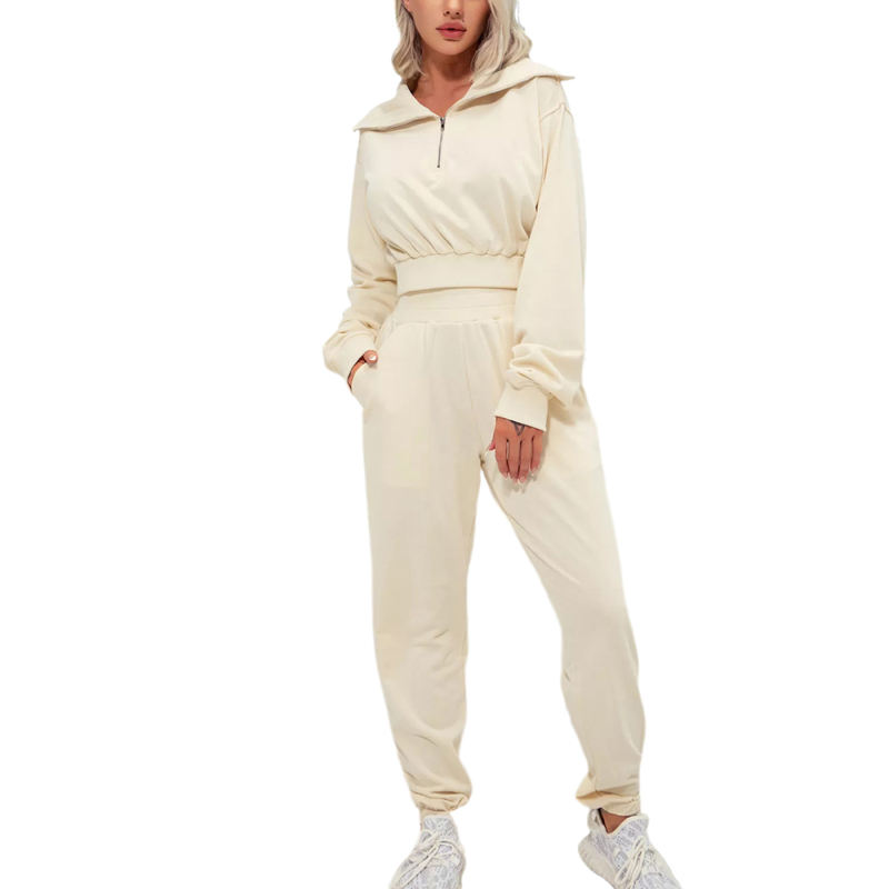 Apricot Zipper-up Cotton Sweatshirt with Pant Sports Set TQE91573-18