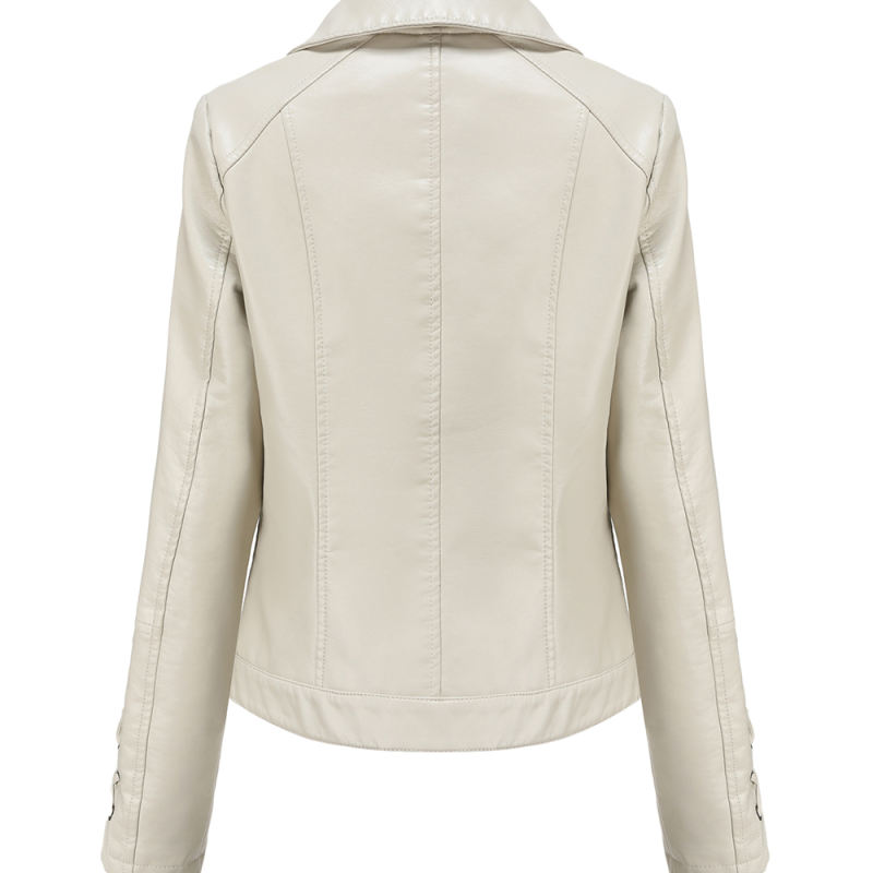 Beige Zipper &amp; Bandage PU Leather Jacket TQK280142-46