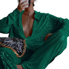 Dark Green Sequined Shirt with Pant and Bra 3pcs Set TQF711062-9
