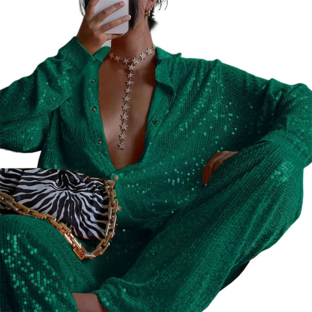 Dark Green Sequined Shirt with Pant and Bra 3pcs Set TQF711062-9
