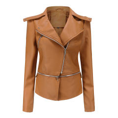 Camel Removable Hem Leather PU Leather Jacket TQK280125-58