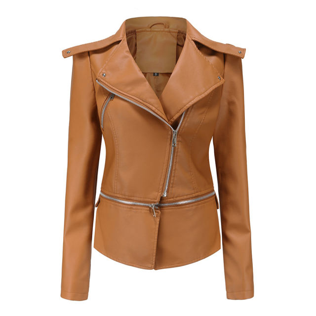 Camel Removable Hem Leather PU Leather Jacket TQK280125-58