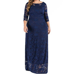 Navy Blue 3/4 Sleeve High Waist Lace Plus Size Dress TQK310976-34